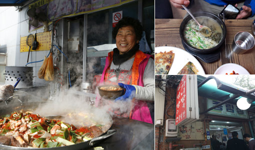 곰탕과 함께 대구 현풍시장의 명물로 꼬들꼬들한 식감과 국물이 매력인 수구레국밥, 된장의 구수함과 다슬기의 쌉쌀한 맛이 어우러져 속을 확 풀어주는 영월 성호식당의 다슬기해장국, 1972년부터 45년간 서울 장안에서 설렁탕과 곰탕으로 명성을 떨친 중림장 외관(왼쪽부터 시계방향).영월·서울 | 김재범 기자·한국관광공사