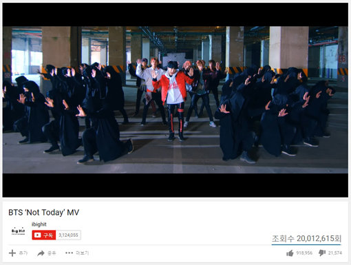 방탄소년단은 막강한 팬덤을 앞세워 각종 신기록을 써나가고 있다. 사진은 66시간25분 만에 2000만 조회수를 돌파하며 ‘최단시간’ 기록을 세운 ‘낫 투데이’ 뮤직비디오. 사진제공｜빅히트엔터테인먼트.