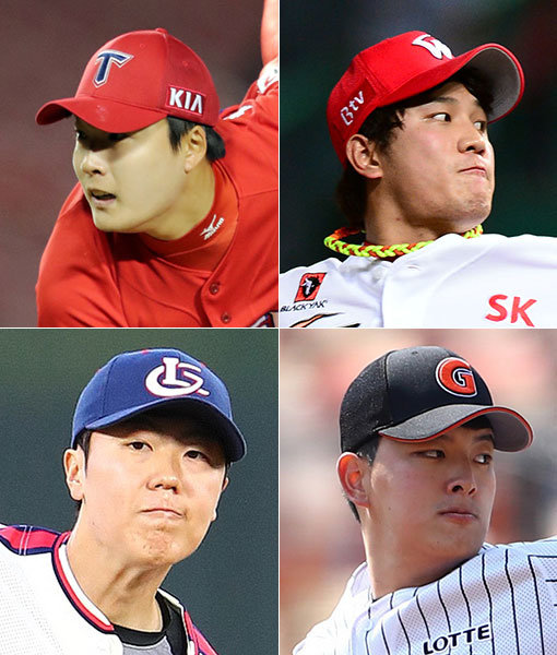강력한 직구를 뽐내는 영건들이 KBO리그 마운드를 화끈하게 달구고 있다. 이들 덕분에 한국야구의 미래도 한층 밝아졌다. 왼쪽 상단부터 시계방향으로 KIA 한승혁, SK 서진용, 롯데 김원중, 박진형. 사진|스포츠동아DB·스포츠코리아·롯데 자이언츠