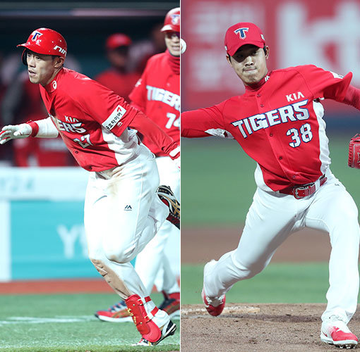 단독 선두 KIA가 새 얼굴들의 활약에 힘입어 6연승을 질주했다. 7일 SK와 4대4 트레이드로 영입한 이명기(왼쪽)는 18일 수원 kt전에서 인사이드 더 파크 홈런을 기록했고, 보상선수 이적 후 KIA서 첫 시즌을 맞이한 임기영은 완봉승을 거뒀다. 모두 개인 첫 번째 기록이다. 사진제공|스포츠코리아