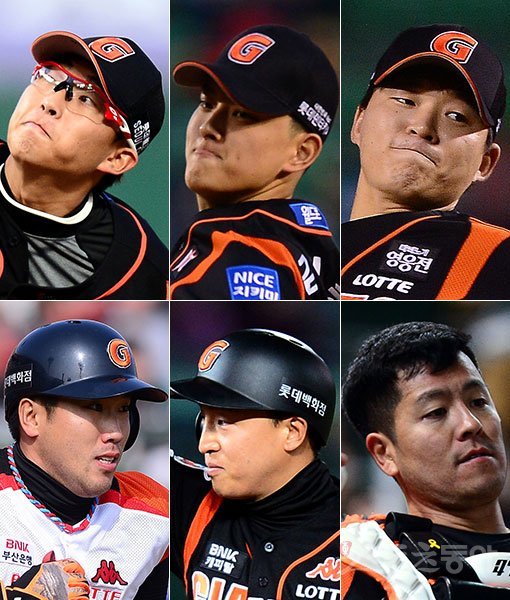 롯데 박세웅-김원중-박시영-강민호-손아섭-전준우(왼쪽 상단부터 시계방향으로). 스포츠동아DB