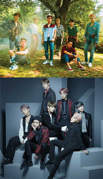그룹 엑소(사진 위)-방탄소년단. 사진제공｜SM 엔터테인먼트, 빅히트엔터테인먼트.
