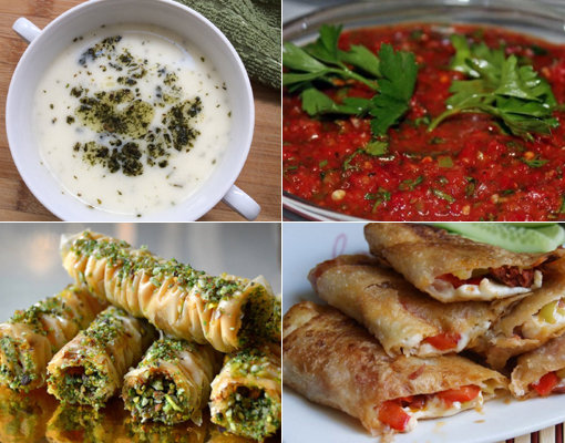 터키식 요거트 스프 야일라-샐러드 아시 에즈메-햄이 들어간 패스트리-디저트 바클라바(왼쪽 위부터 시계방향)