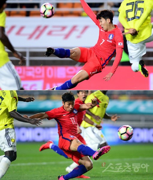 10일 수원월드컵경기장에서 열린 한국과 콜롬비아의 축구대표팀 평가전 경기에서 투 톱으로 활약한 손흥민(위쪽)과 이근호. 스포츠동아DB
