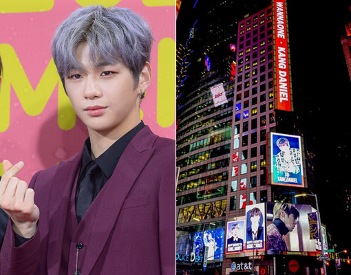 워너원 강다니엘(왼쪽)-뉴욕 타임스스퀘어에 걸린 워너원 강다니엘 대형 광고판. 사진｜스포츠동아DB·강다니엘닷컴