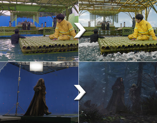 영화 ‘신과함께’ 한 장면들의 CG(컴퓨터그래픽) 작업 전후 모습. 사진제공｜롯데엔터테인먼트