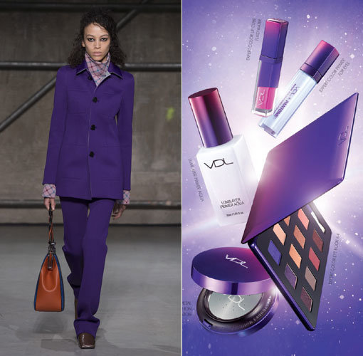 신세계인터내셔날 마르니의 짙은 보라색 투피스 정장(왼쪽)과 LG생활건강 VDL의 팬톤 컬렉션. 뷰티·패션업계가 울트라 바이올렛으로 물들고 있다. 사진제공｜신세계인터내셔날·LG생활건강