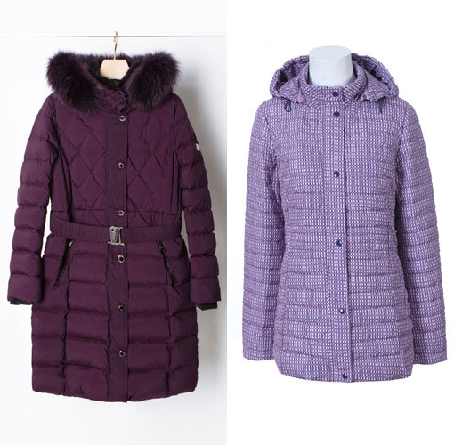 세정 올리비아로렌의 프리미엄 구스 원더랜드 다운점퍼(왼쪽)와 형지 크로커다일레이디의 바이올렛 색상 구스다운 점퍼.