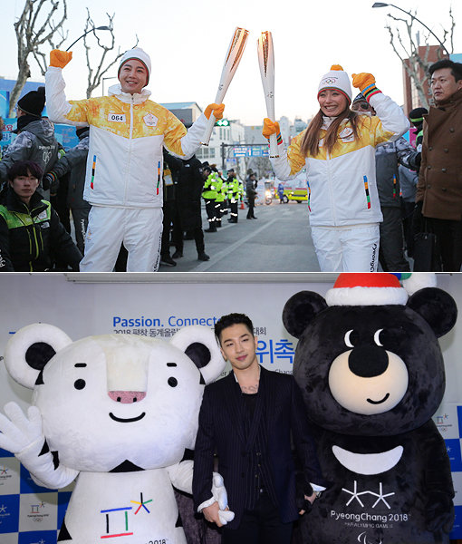 “선수들을 응원합니다.” 한류스타들이 2018 평창동계올림픽의 성공을 위해 홍보대사, 케이팝 공연, 목소리 기부 등 다양한 방식으로 뛰고 있다. 장근석은 1월 피겨스타 안도 미키와 성화봉송에 나섰고(위쪽), 빅뱅 태양은 홍보대사로 위촉돼 다양한 홍보활동을 벌이고 있다. 사진｜평창 동계올림픽 조직위원회·스포츠동아DB