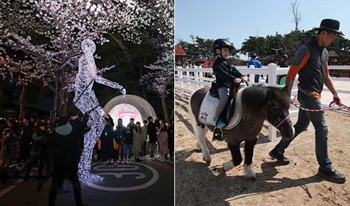 렛츠런파크 서울은 야간벚꽃축제 개막에 맞춰 거대한 LED 인형 쿠오레를 선보였다(왼쪽). 지난 4월1일 개장한 렛츠런파크 부산경남 토마빌리지에서는 어린이들이 기마경찰대 제복을 입고 진행하는 승마체험프로그램을 실시하고 있다. 사진제공｜한국마사회