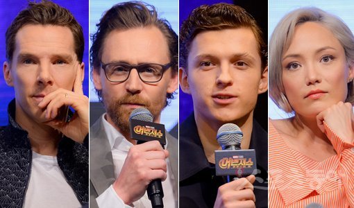 영화 ‘어벤져스: 인피니티 워’의 베네딕트 컴버배치-톰 히들스턴-톰 홀랜드-폼 클레멘티에프(왼쪽부터). 김진환 기자 kwangshin00@donga.com