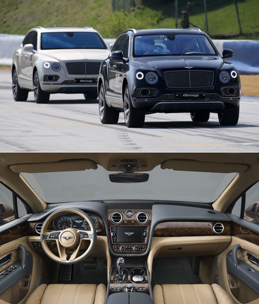 초호화 SUV 시장의 선두주자인 벤틀리 ‘벤테이가’가 용인 에버랜드 스피드웨이를 역주하고 있다. 제로백 4.1초, 최고속도는 301km로 세계 최고 수준의 퍼포먼스를 자랑한다. 벤테이가의 인테리어(아래쪽)는 수작업으로 제작되며, 우드와 가죽 소재까지 맞춤 주문이 가능하다. 사진제공|벤틀리