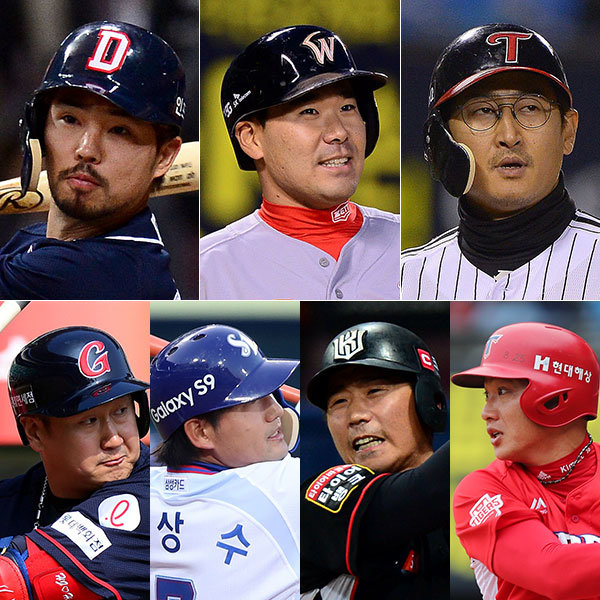 두산 오재원-SK 이재원-LG 박용택-KIA 김주찬-kt 박경수-삼성 김상수-롯데 이대호(왼쪽 상단부터 시계방향으로). 사진｜스포츠동아DB·스포츠코리아