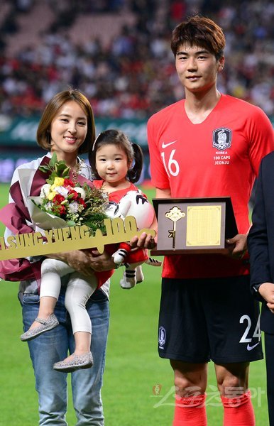 축구선수 기성용(오른쪽)·연기자 한혜진 부부와 그들의 딸 기시온 양. 스포츠동아DB