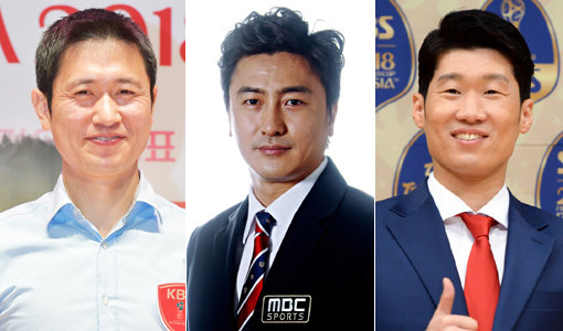 KBS 해설위원 이영표-MBC 해설위원 안정환-SBS 해설위원 박지성(왼쪽부터). 사진제공｜KBS·MBC·SBS