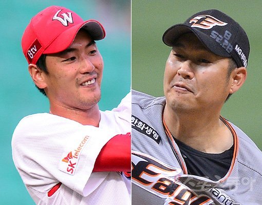 SK 김광현(왼쪽)-한화 송은범. 스포츠동아DB