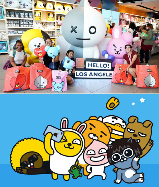 라인프렌즈가 미국 LA 할리우드에 오픈한 팝업스토어(위쪽)와 ‘2018 케이콘(KCON) LA’의 공식 후원사로 참여하는 카카오프렌즈 캐릭터. ‘K-캐릭터’가 캐릭터 산업의 본고장인 미국 진출에 박차를 가하고 있다. 사진제공|라인프렌즈·카카오IX