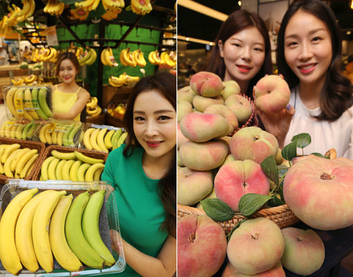이마트의 ‘하루 하나 바나나’(왼쪽)와 현대백화점에서 판매 중인 ‘도넛 복숭아’. 폭염 수혜를 맞은 과일 시장을 잡기 위한 유통업계의 움직임이 분주하다. 사진제공|이마트·현대백화점