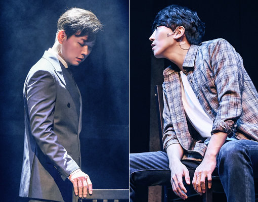 해리성정체감장애라는 흔치 않은 소재를 다룬 뮤지컬 인터뷰에서 베스트셀러 작가 ‘유진 킴’으로 분한 이건명(왼쪽)과 다중인격을 지닌 미스터리 인물 ‘싱클레어 고든’을 연기하고 있는 김재범. 사진제공|더블케이필름앤씨어터