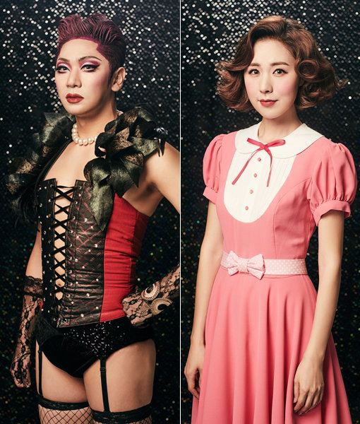 뮤지컬 ‘록키호러쇼’에서 프랑큰 퍼터 역을 맡아 연기하는 송용진(왼쪽)과 자넷 와이즈 역을 맡아 연기하는 간미연. 사진제공｜알앤디웍스