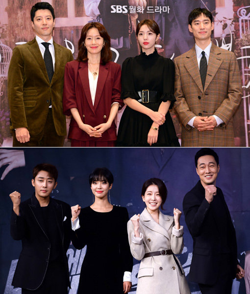 첫 방송 당일 제작발표회를 연 SBS 드라마 ‘여우각시별’(위쪽)과 MBC 드라마 ‘내 뒤에 테리우스’. 사진｜SBS·스포츠동아DB