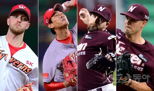 양 팀의 ‘원투펀치’가 정면충돌한다. SK 와이번스와 넥센 히어로즈는 27일부터 플레이오프(PO·5전3선승제)를 치른다. 긴 휴식을 취한 SK는 물론 준PO를 4경기 만에 통과한 넥센도 총력전이 가능하다. SK 메릴 켈리∼김광현, 넥센 에릭 해커∼제이크 브리검(왼쪽부터)이 1∼2차전 선발로 나설 예정이다. 스포츠동아DB