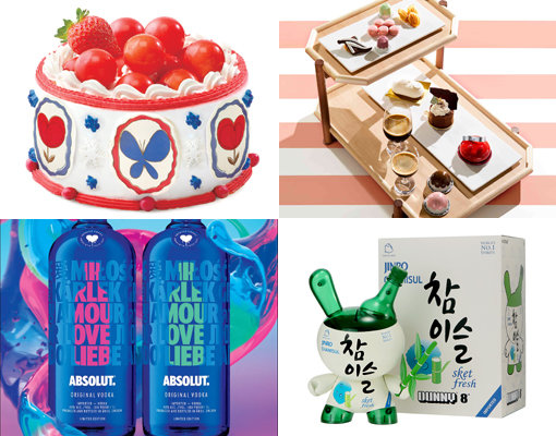 파리크라상 ‘앤디 워홀이 사랑한 크리스마스’-네스프레소가 베이커리 ‘몽상클레르’와 협업해 만든 네스프레소 커피 페어링 메뉴-하이트진로 ‘참이슬 더니’-앱솔루트 보드카 ‘앱솔루트 러브 한정판 에디션’(왼쪽 상단부터 시계 방향으로). 사진제공|SPC그룹·네스프레소·하이트진로·앱솔루트 보드카