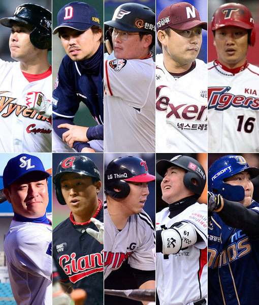 SK 이재원-두산 오재원-한화 이성열-키움 김상수-KIA 김주찬(위·왼쪽부터)-삼성 강민호-롯데 손아섭-LG 김현수-KT 유한준-NC 나성범(아래·왼쪽부터). 사진｜스포츠동아DB·스포츠코리아