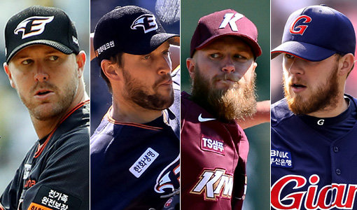 한화 워윅 서폴드-채드 벨-키움 에릭 요키시-롯데 제이크 톰슨(왼쪽부터). 사진|한화 이글스·스포츠동아DB