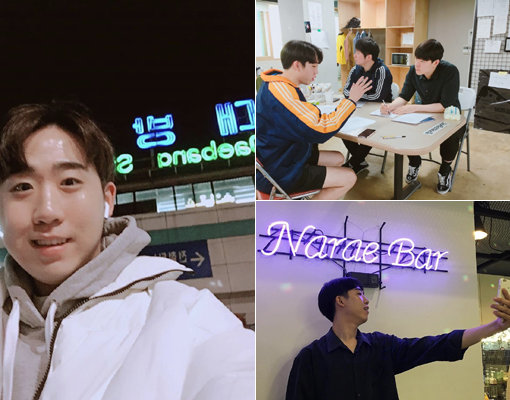 이재율은 퇴근 후 전철역 앞에서 ‘인증샷’을 찍고, 다음 날 출근해 다시 치열하게 아이템 회의를 한다. 주말에는 분위기 좋은 곳에서 사람들과 어울리며 다가올 일주일을 준비한다(왼쪽부터 시계 방향으로). 사진제공｜이재율