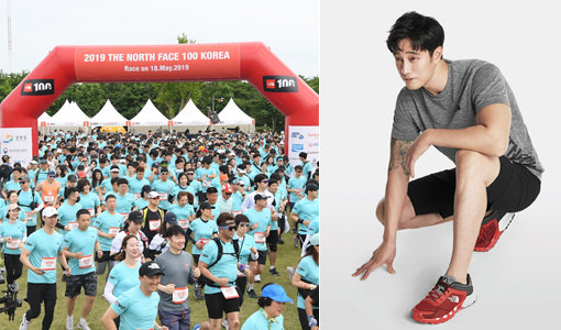 18, 19일 강원도 강릉 일대에서 펼쳐진 노스페이스 100 코리아 10km 부문 참가자들이 출발하고 있다(왼쪽). 오른쪽 사진은 트레일러닝 웨어와 신발을 착장한 노스페이스 홍보대사 소지섭. 사진제공｜노스페이스