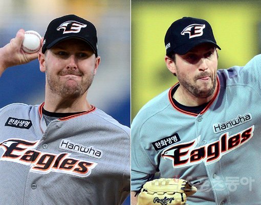 한화 워윅 서폴드(왼쪽)-채드 벨. 스포츠동아DB