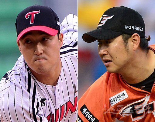 신정락(왼쪽)-송은범. 스포츠동아DB