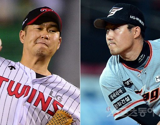 LG 송은범(왼쪽)-한화 신정락. 스포츠동아DB