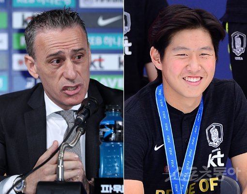 한국 남자 축구대표팀 벤투 감독(왼쪽)-이강인. 김진환 기자 kwangshin00@donga.com