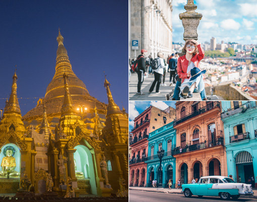 미얀마 양곤의 쉐다곤 파고다, 오랜 역사의 고풍스런 분위기가 매력적인 포르투갈 포르투, 카리브해의 낭만이 담긴 쿠바 하바나 거리(왼쪽부터 시계 방향으로). 이번 가을과 겨울 해외여행의 새로운 명소로 뜨고 있는 핫 플레이스들이다. 사진제공｜내일투어