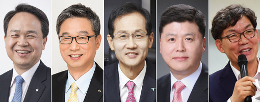 진옥동 신한은행장, 허인 KB국민은행장, 지성규 하나은행장, 권광석 우리은행장 내정자, 이대훈 NH농협은행장(왼쪽부터). 5대 시중은행의 수장이 모두 1960년대생으로 바뀌면서 세대교체의 바람이 불고 있다. 사진제공｜신한·KB국민·하나·우리·NH농협은행