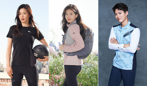 봄철을 맞아 아웃도어 브랜드들이 앞 다퉈 스타 전속모델을 내세운 화보를 공개하고 있다. 네파 전지현, K2 수지, 아이더 박보검의 S/S 시즌 화보(왼쪽부터).