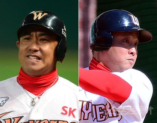 SK 김강민(왼쪽)-채태인. 스포츠동아DB