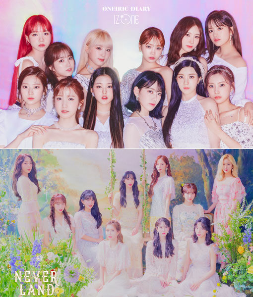 그룹 아이즈원(위쪽)-우주소녀. 사진제공｜오프더레코드·스윙엔터테인먼트·스타쉽엔터테인먼트