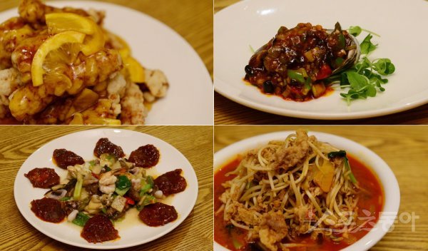 오렌지통등심탕수육, 홍쇼전복, 차돌박이짬뽕, 소고기안심해물요리(왼쪽 위부터 시계방향). 주현희 기자 teth1147@donga.com