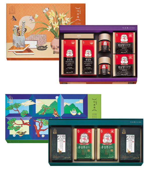 정관장 ‘다보록 감사 향香편’(위쪽)과 ‘다보록 여유 만滿편’. 정관장 선물세트 브랜드 ‘다보록’은 ‘진심으로 건강하기를 기원하는 마음 모음집’이라는 뜻을 갖고 있다. 사진제공｜정관장