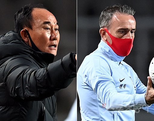 올림픽축구대표팀 김학범 감독(왼쪽)-축구국가대표팀 벤투 감독. 고양|김민성 기자 marineboy@donga.com