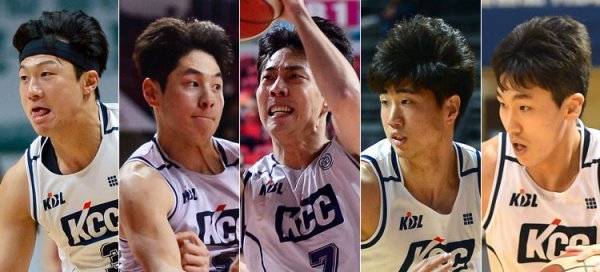 KCC 이정현-유현준-정창영-김지완-유병훈(왼쪽부터). 사진제공｜스포츠동아DB, KBL