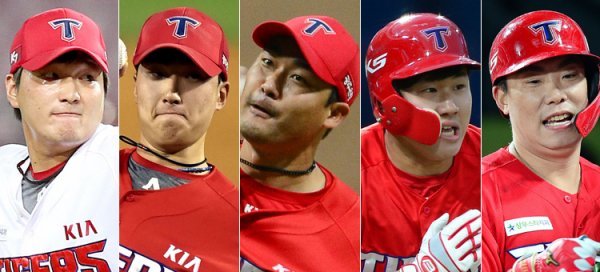 KIA 전상현-정해영-홍상삼-최원준-나지완(왼쪽부터). 사진제공|스포츠동아DB, KIA 타이거즈