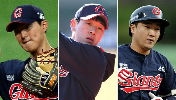 롯데 배성근-나승엽-정훈(왼쪽부터). 사진제공|스포츠동아DB, 롯데 자이언츠