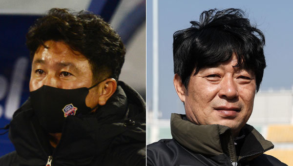 수원FC 김도균 감독(왼쪽), 강원FC 김병수 감독. 사진제공 | 스포츠동아DB, 한국프로축구연맹