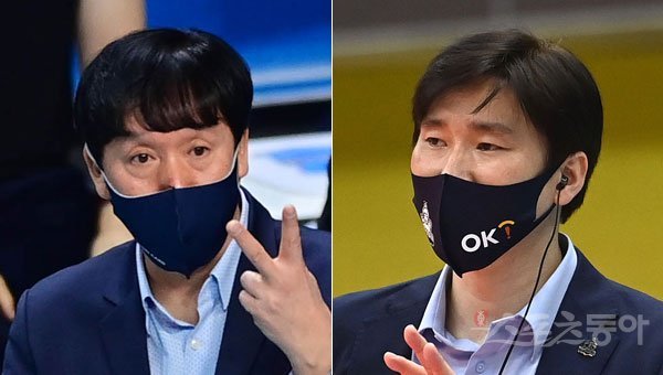우리카드 신영철 감독(왼쪽), OK금융그룹 석진욱 감독. 스포츠동아DB