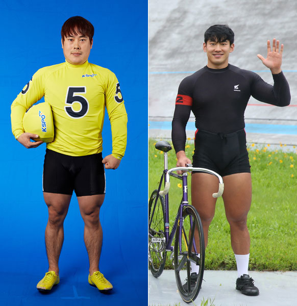 키 160cm로 경륜선수 중 최단신인 정성훈(12기·왼쪽)과 키 189cm 장신으로 파워형 선수로 분류되는 정해민(22기). 사진제공｜국민체육진흥공단