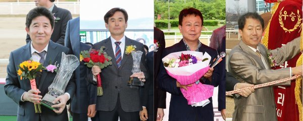 300승을 달성한 박윤규, 송문길, 우창구, 홍대유 조교사(왼쪽부터). 사진제공｜한국마사회